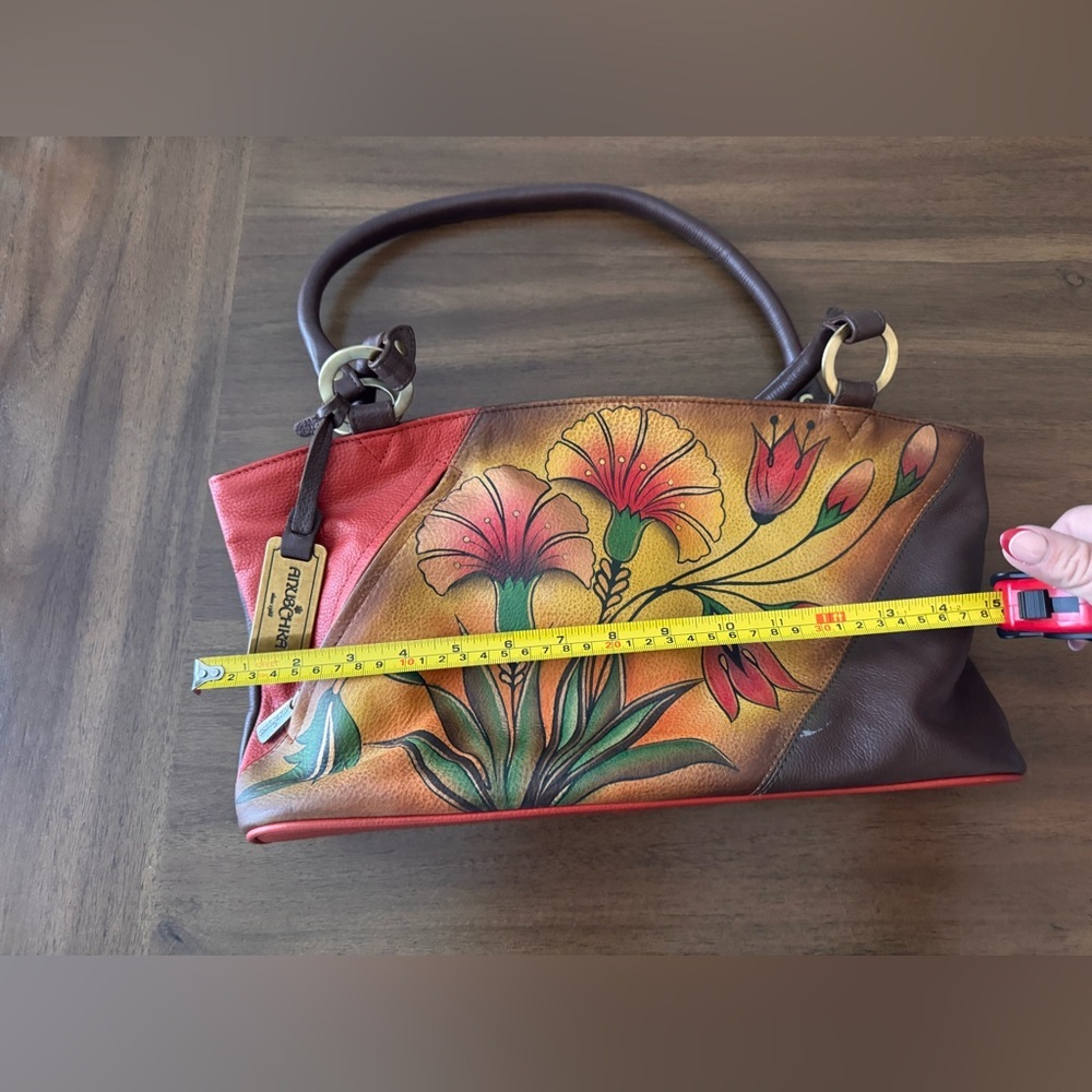 Anuschka Hand-Painted Floral Leather Shoulder Bag - Brown and Red - Picture 10 of 12